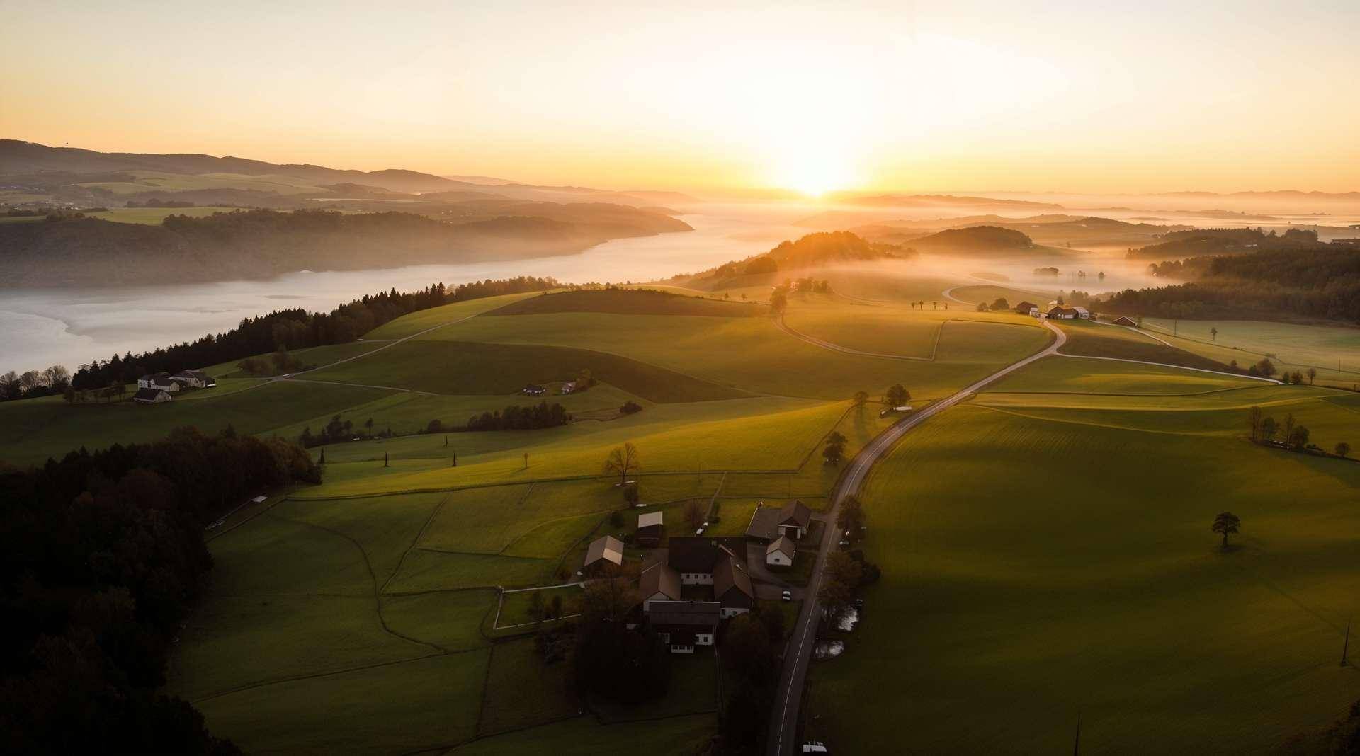 Malerische Luftaufnahme einer nebligen Landschaft bei Sonnenaufgang mit ländlichem Anwesen.