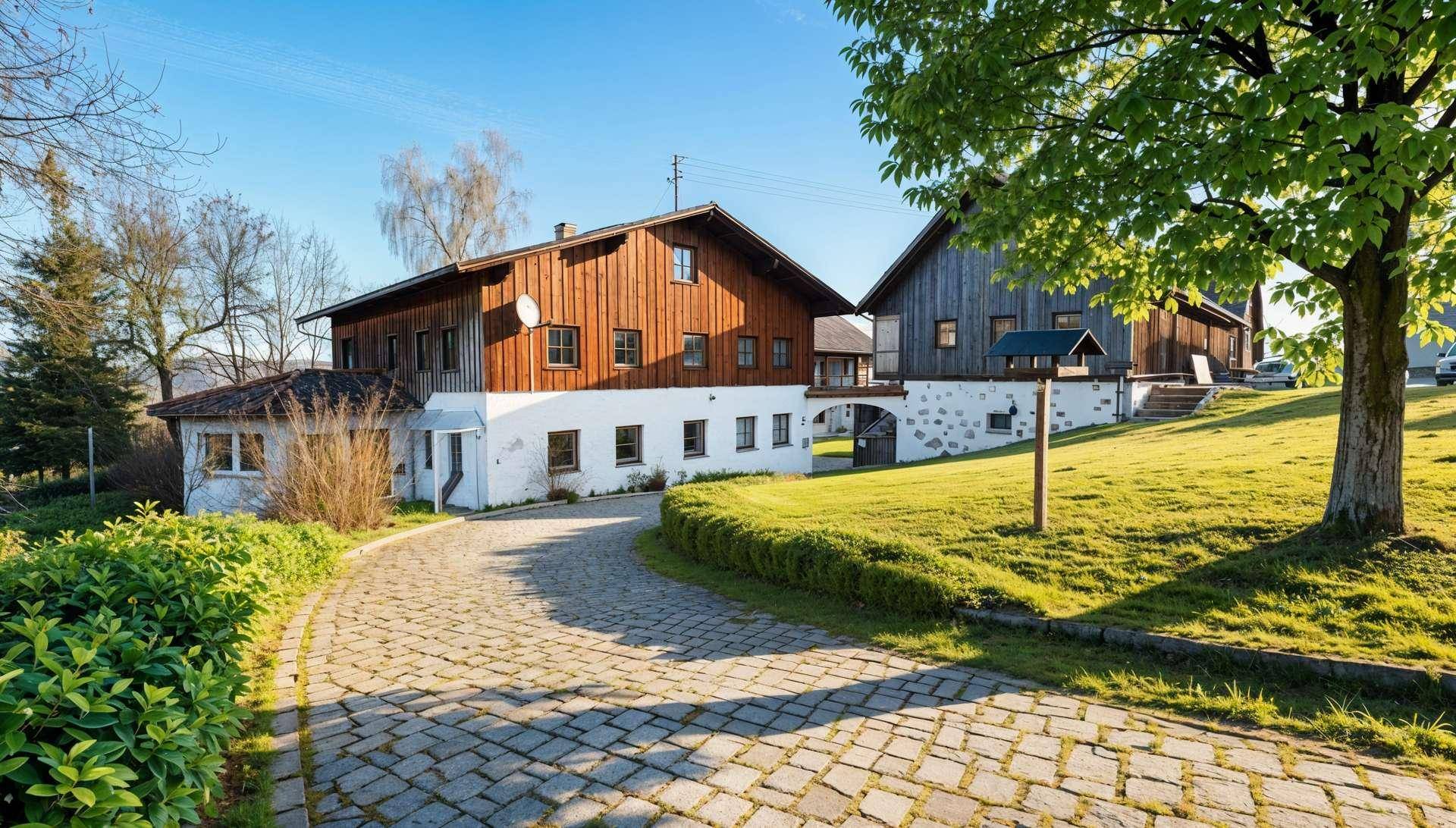 Ländliches Anwesen mit gepflasterter Auffahrt und traditionellen Holzfassaden unter blauem Himmel.