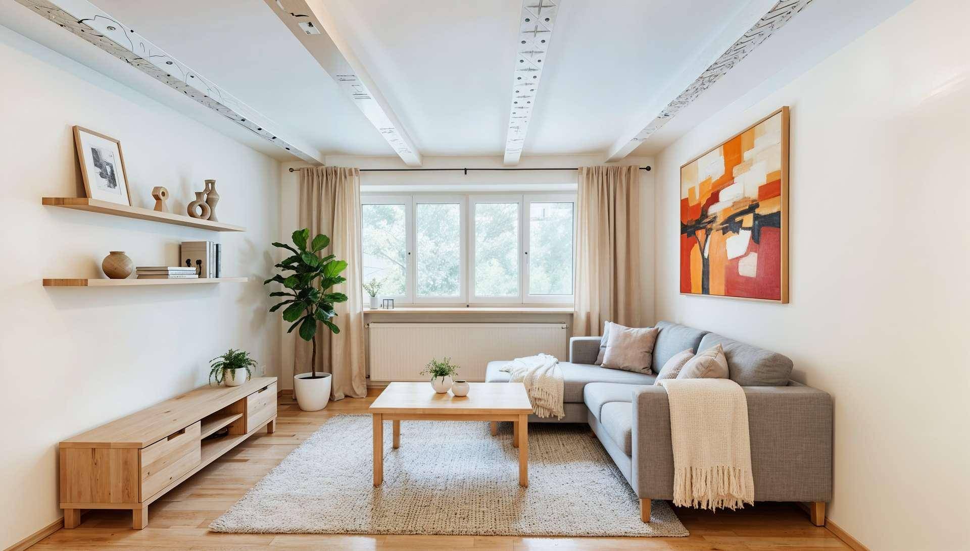 Helles Wohnzimmer mit Holzbalkendecke, Parkettboden und moderner Einrichtung.
