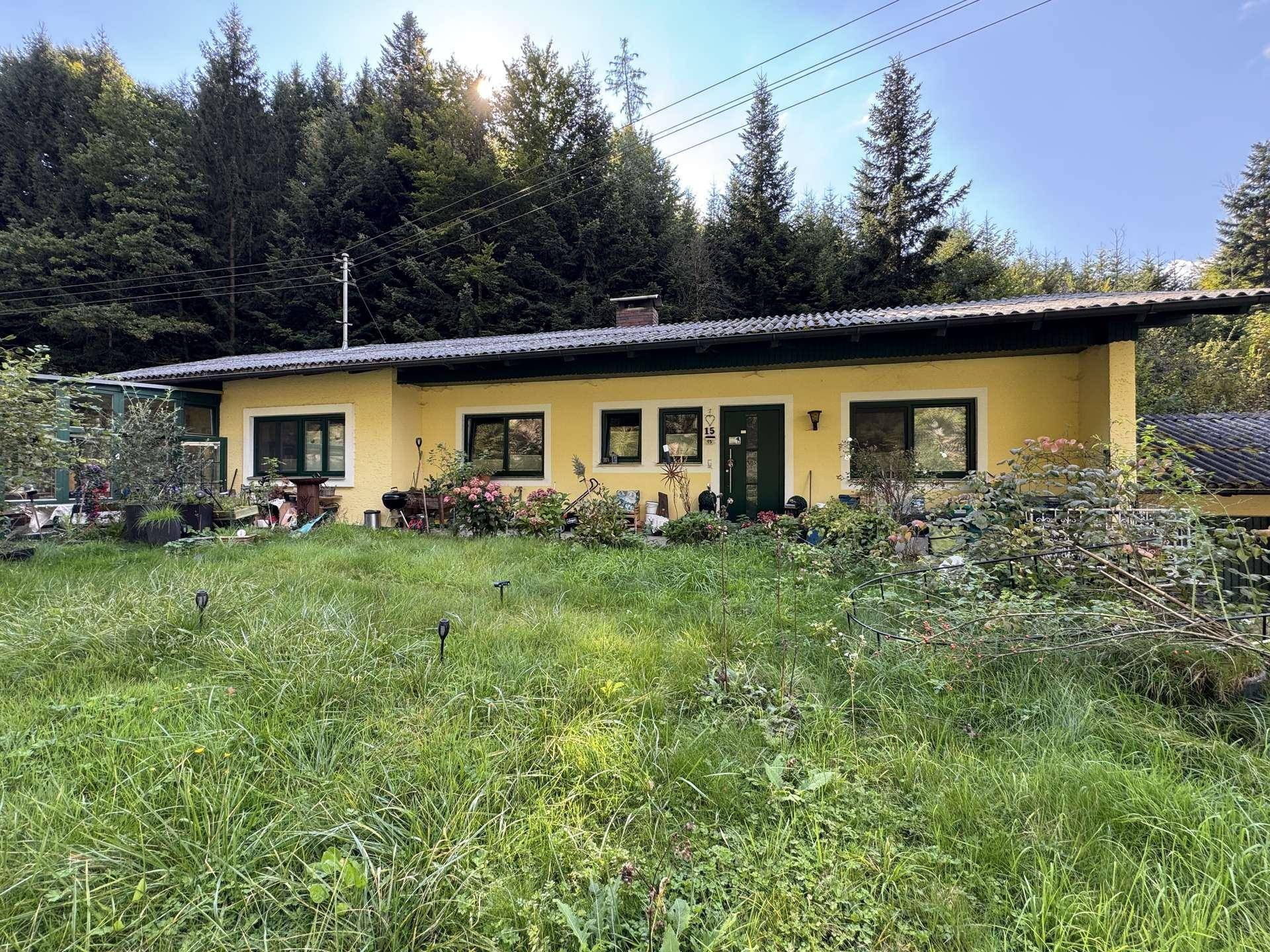 Gelbes Einfamilienhaus mit grünen Fensterrahmen und großem Vorgarten, umgeben von Wald.