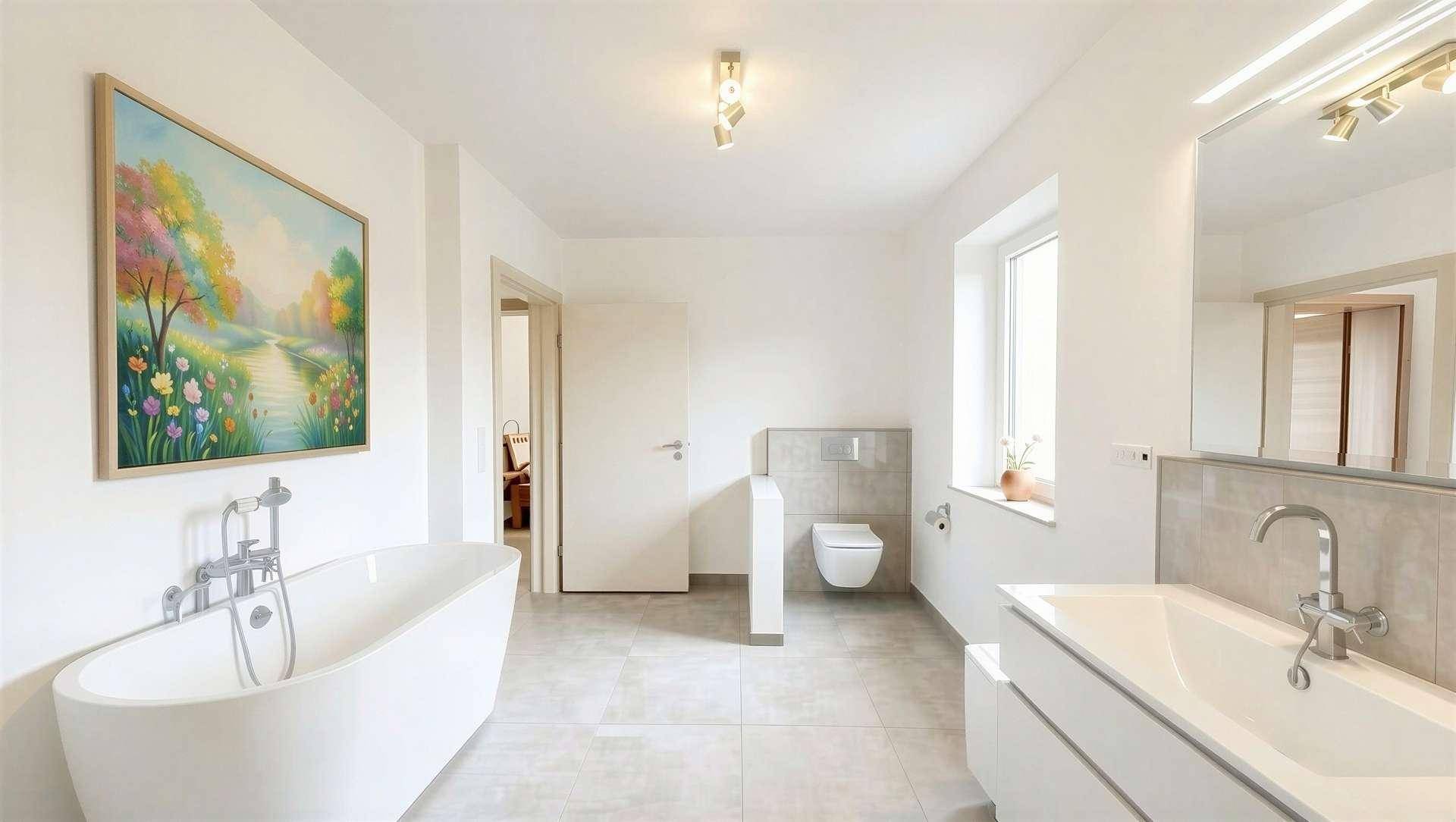 Modernes Badezimmer mit freistehender Badewanne, Wand-WC und großformatigen Fliesen, hell und geräumig.