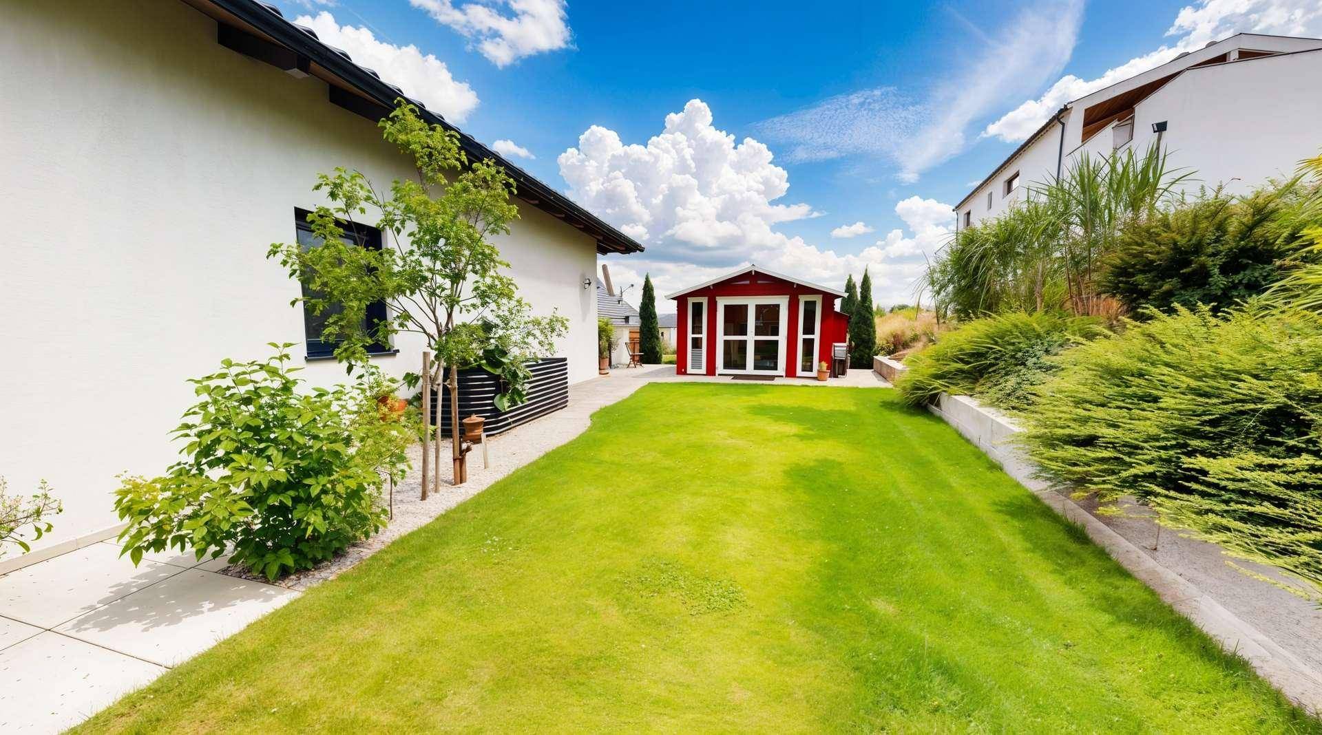 Langer Rasenbereich im Hinterhof, der zu einem charmanten roten Gartenhaus führt, umgeben von Grün.