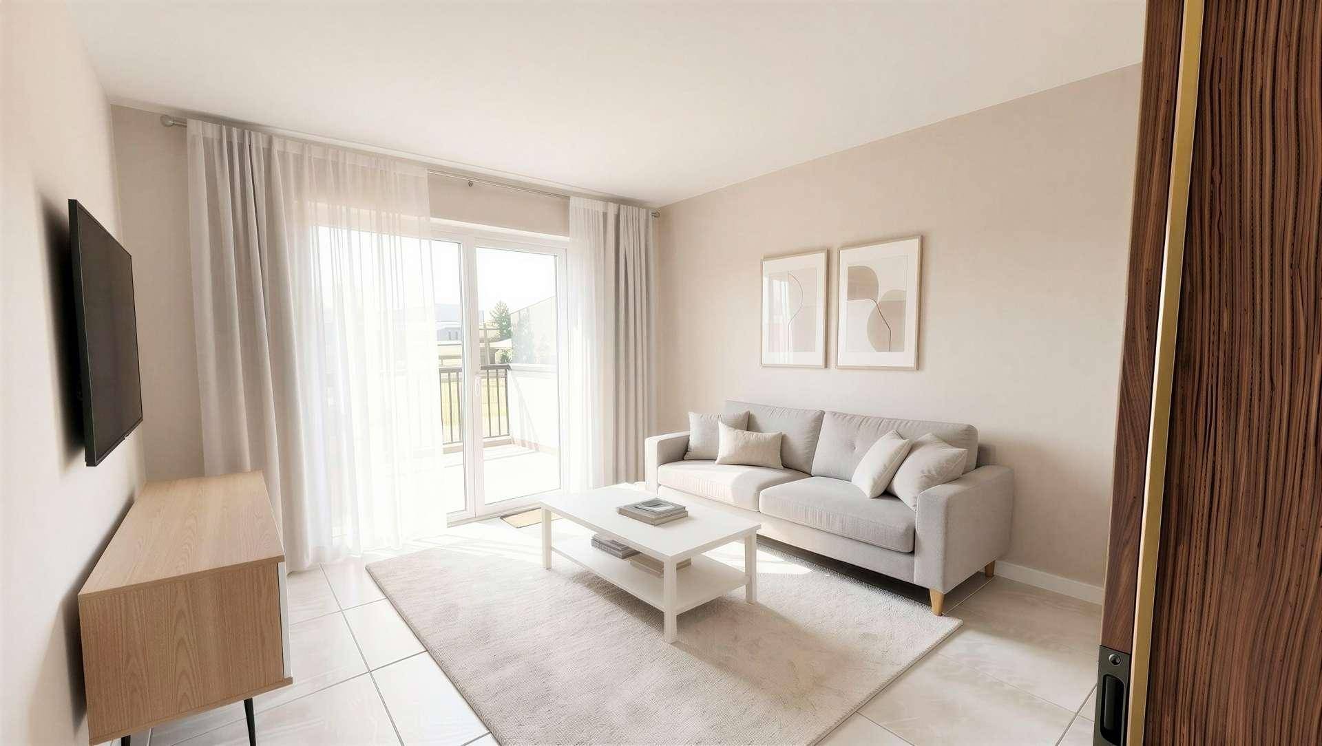 Gemütliches Wohnzimmer mit hellem Sofa, Couchtisch und direktem Zugang zum Balkon.