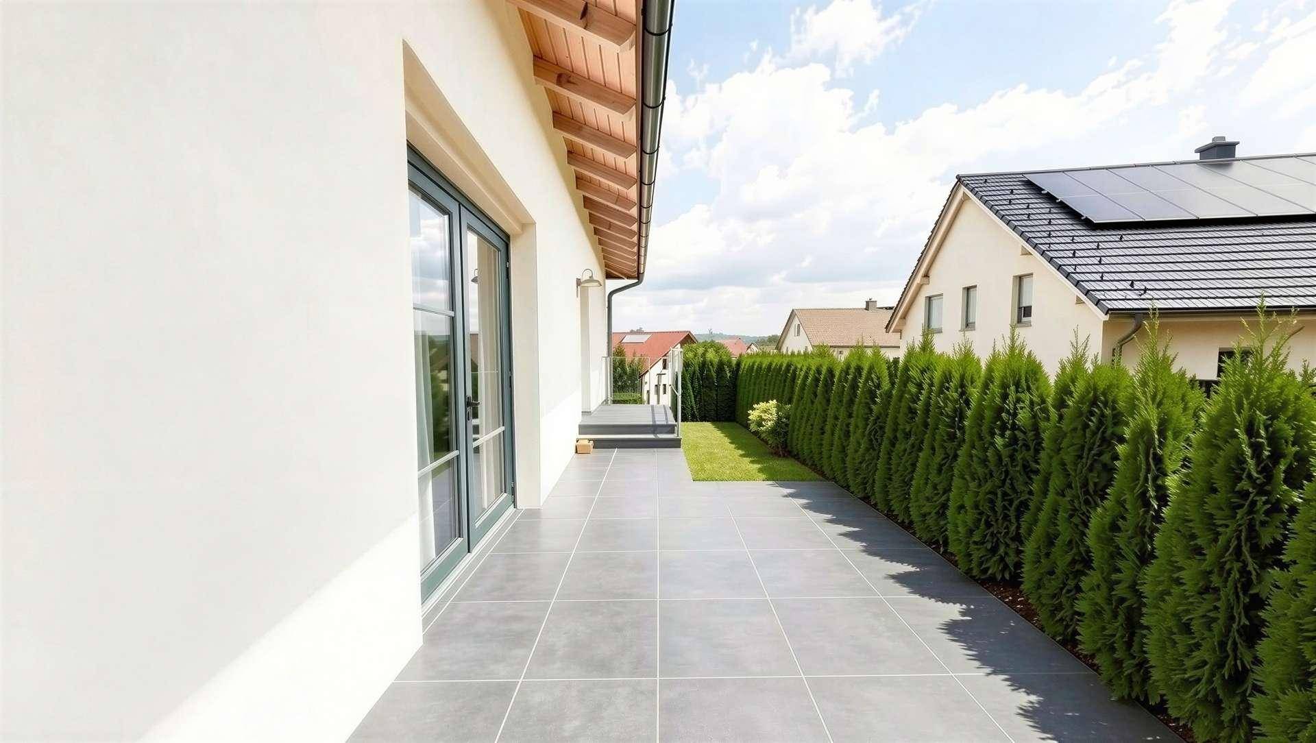 Moderne Terrasse mit grauen Fliesen und einer hohen Hecke für mehr Privatsphäre.