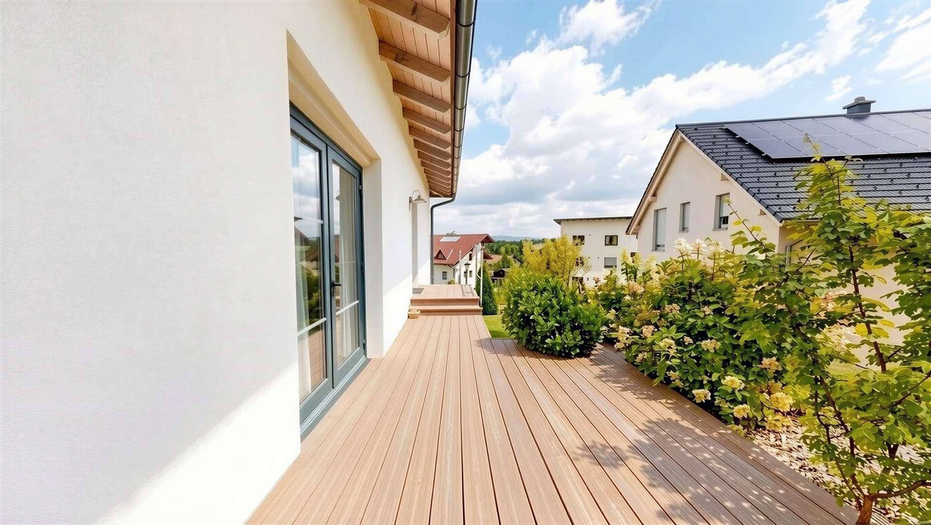 Holzterrasse an der Hausseite mit Blick auf die Nachbarschaft und grüne Bepflanzung.