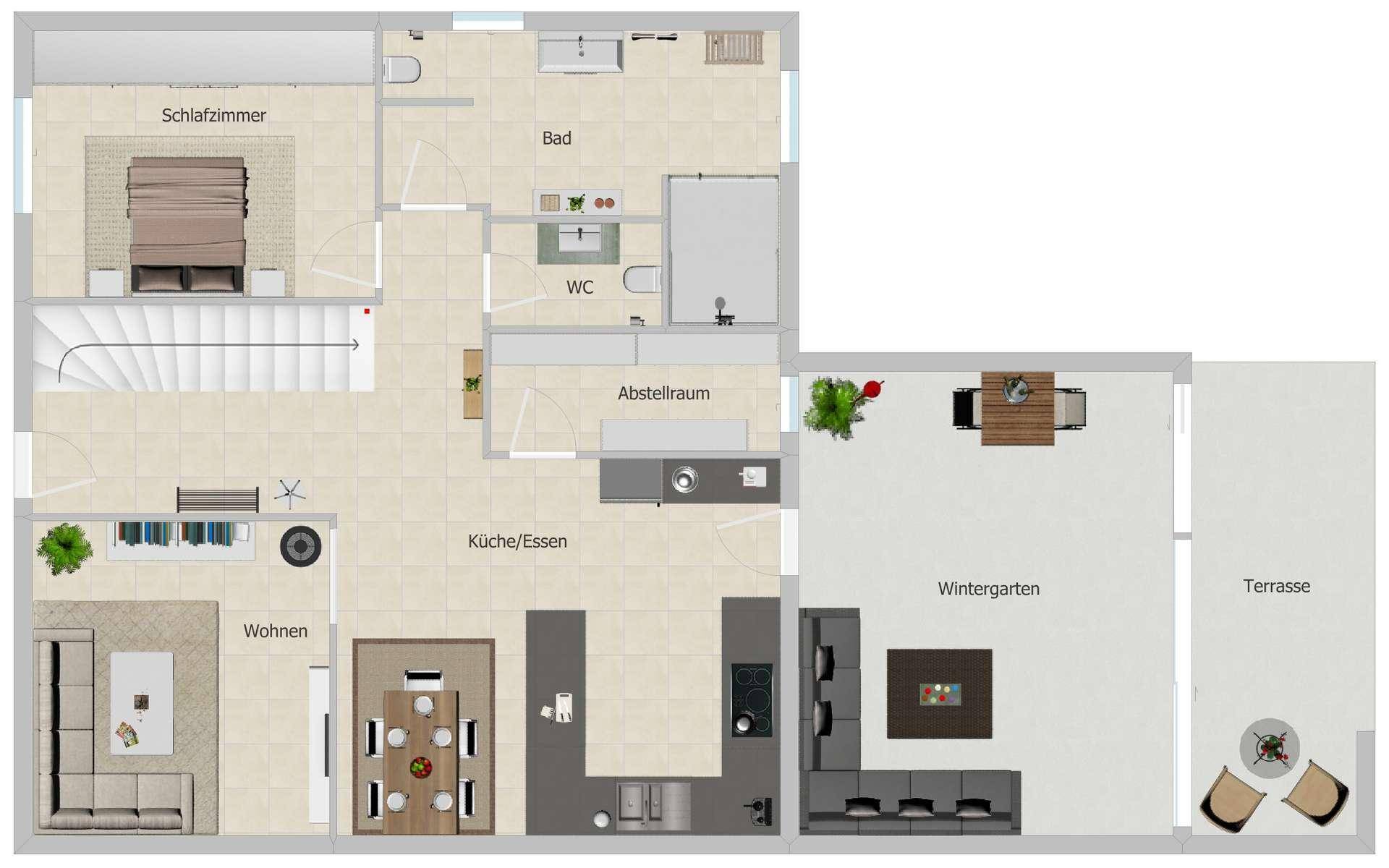 Grundriss des Obergeschosses mit Schlafzimmer, Bad, offener Küche, Wohnbereich und Wintergarten.