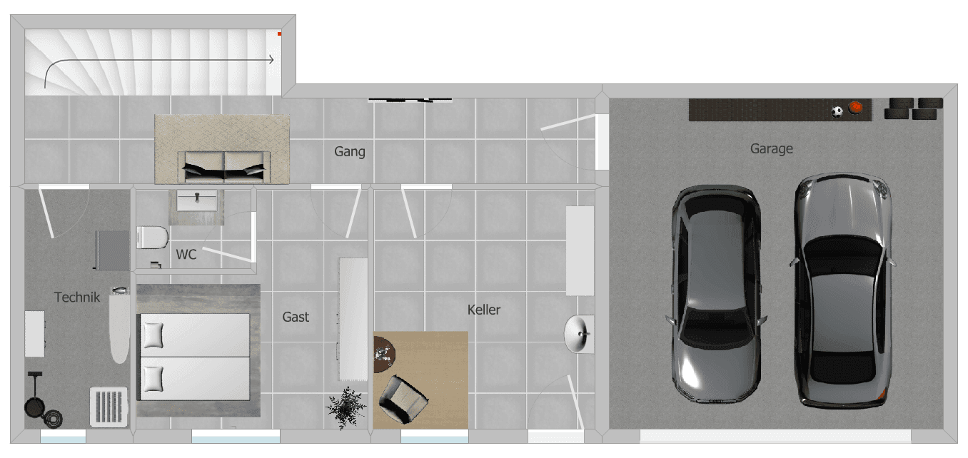 Grundriss des Untergeschosses mit Garage, Gästezimmer, Technikraum und Kellerbereich.