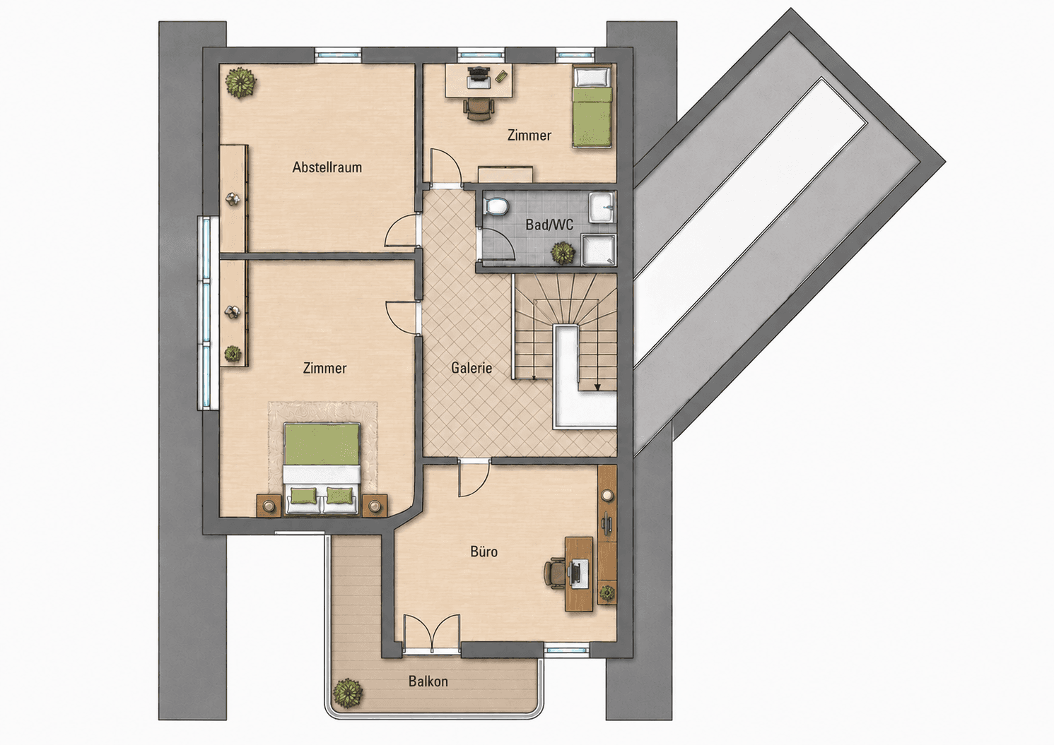 Grundriss des Obergeschosses mit Zimmern, Bad und Balkon.
