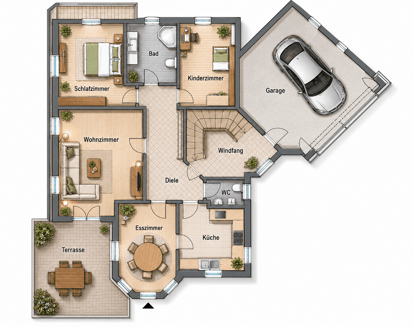 Grundriss des Erdgeschosses mit Wohnzimmer, Küche, Esszimmer, Schlafzimmer und Garage.