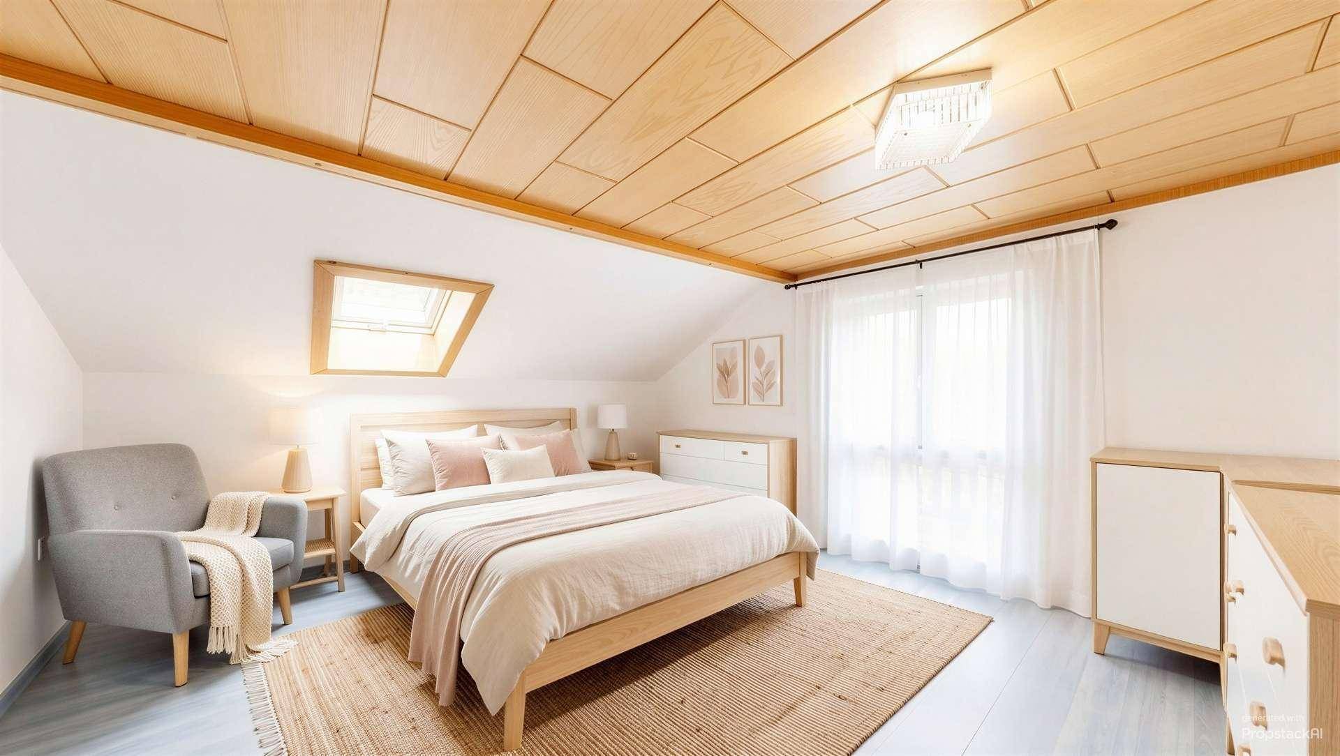 Modern eingerichtetes Schlafzimmer im Dachgeschoss mit Holzdeckenverkleidung und einem Dachfenster.