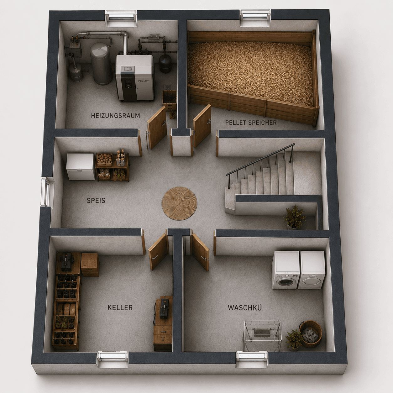 Dreidimensionaler Grundriss des Kellers mit Heizungsraum, Pelletlager, Speisekammer und Waschküche.
