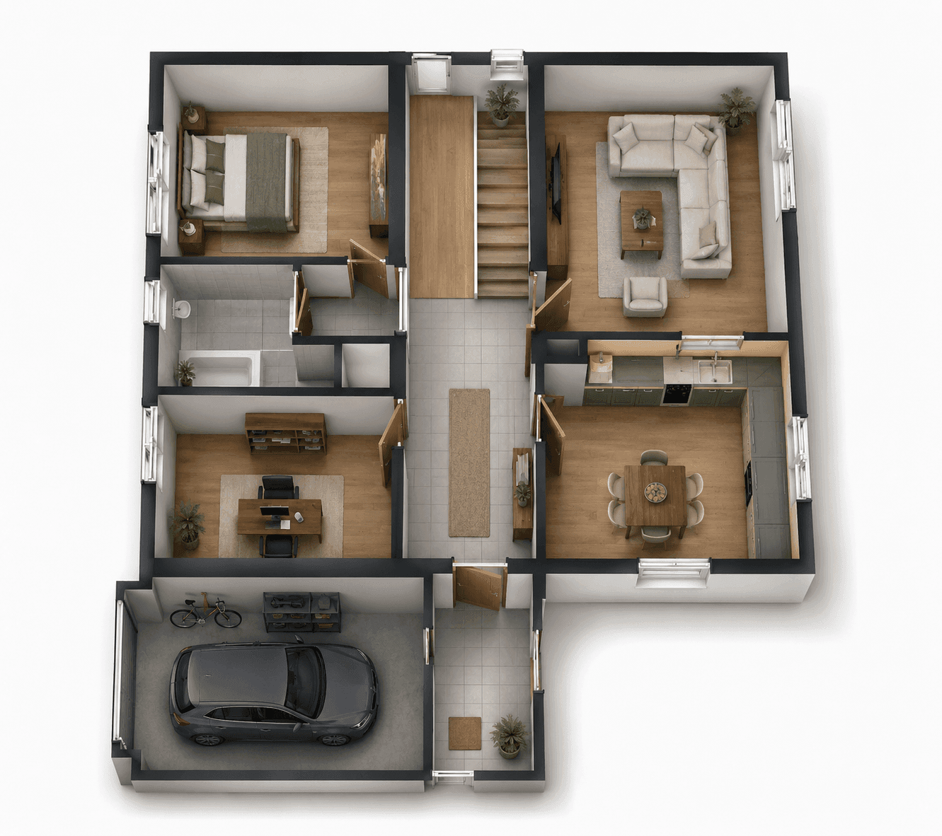 Dreidimensionaler Grundriss des Erdgeschosses mit offenem Wohnbereich, Schlafzimmer und Garage.