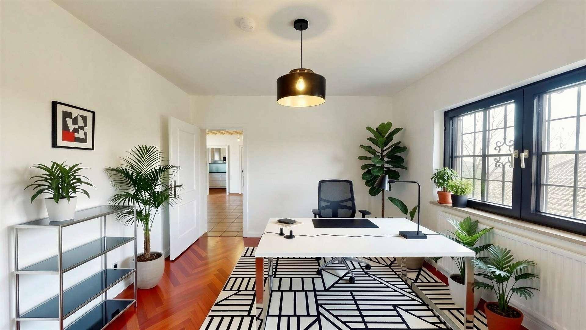 Modernes und helles Büro mit Fischgrätparkett, großem Schreibtisch und Blick ins Grüne.