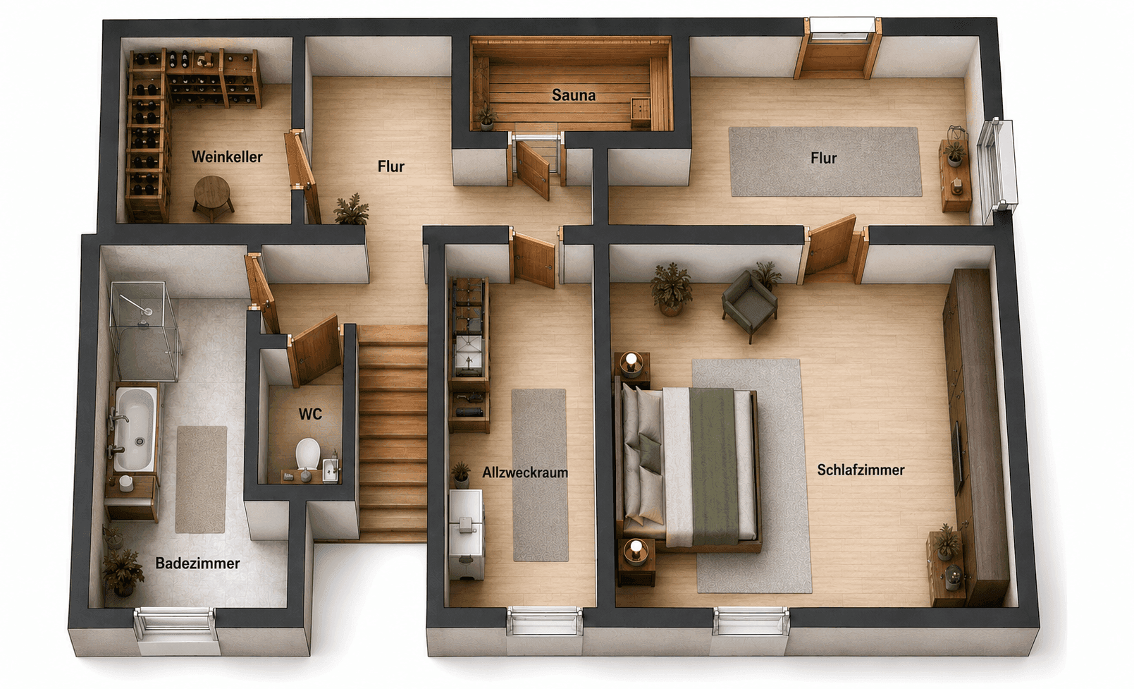 Grundriss des Untergeschosses mit Weinkeller, Sauna, Badezimmer und Schlafzimmer.