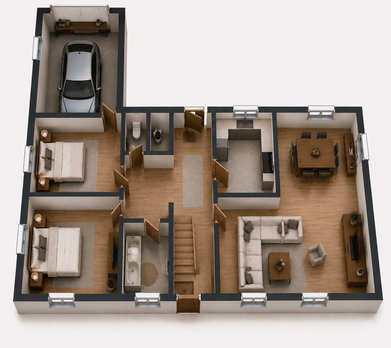 Grundriss des Erdgeschosses mit Garage, Küche, Wohn- und Essbereich sowie zwei Schlafzimmern.