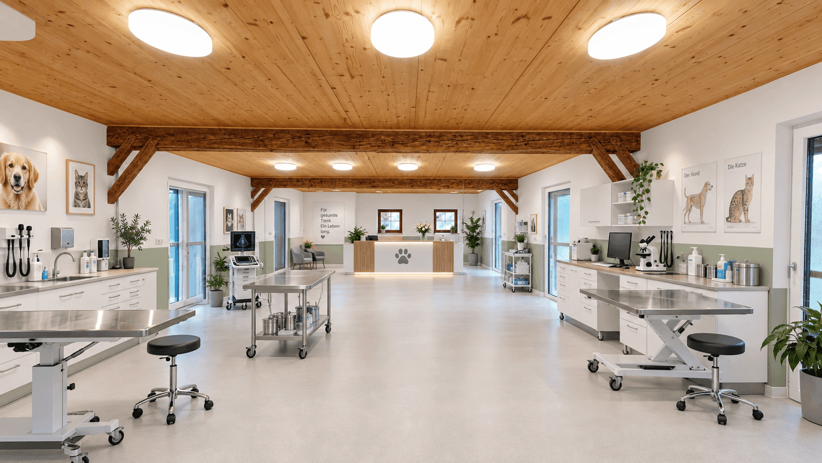 Moderne Tierarztpraxis mit hellen Behandlungsräumen, Holzbalkendecke und Empfangsbereich.