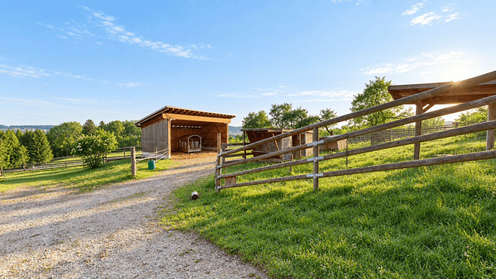 Offener Holzunterstand und Holzzaun auf einer grünen Wiese unter blauem Himmel.