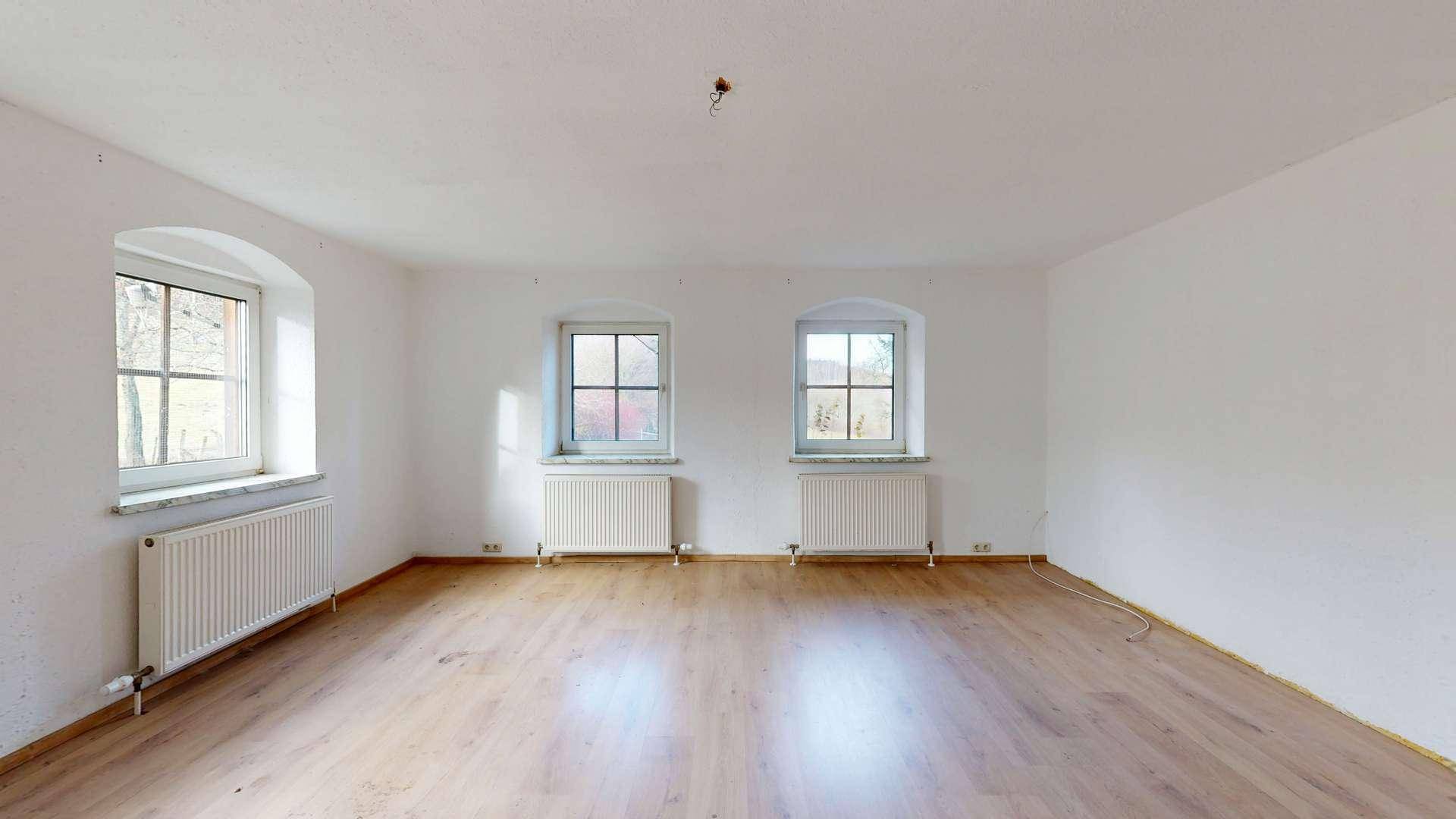 Geräumiger, leerer Raum mit hellem Laminatboden und zwei Fenstern, vielseitig nutzbar.