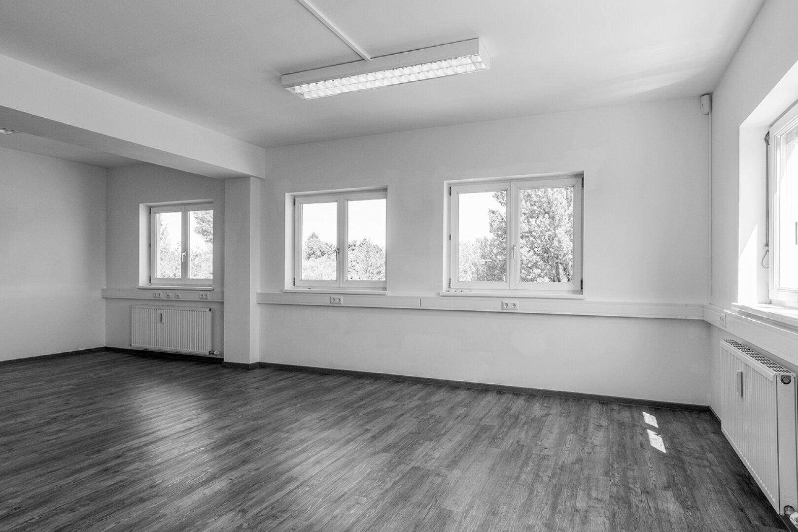 Helles Büro mit großen Fenstern, Heizkörpern unter den Fenstern und dunklem Laminatboden.