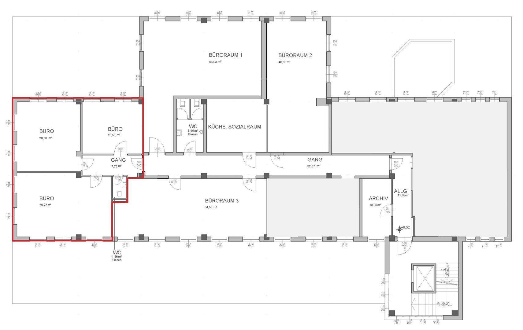 Grundrissplan einer Büroetage mit mehreren Büroräumen, Sozialraum, Archiv und Sanitäranlagen.