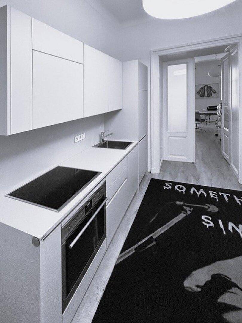 Moderne weiße Küche mit Einbaugeräten, Induktionskochfeld und schmalem Grundriss, die Funktionalität bietet.