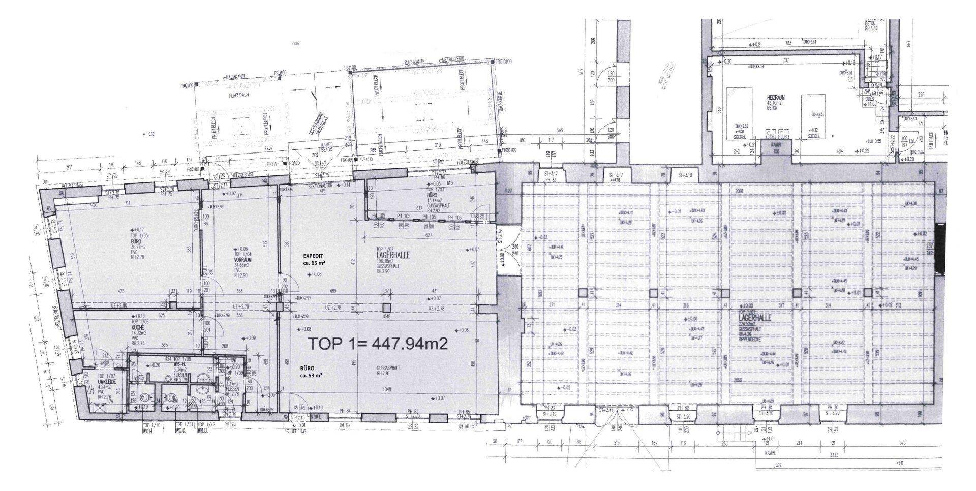Grundrissplan zeigt die Aufteilung der Räumlichkeiten mit einer Gesamtfläche von 447,94m².
