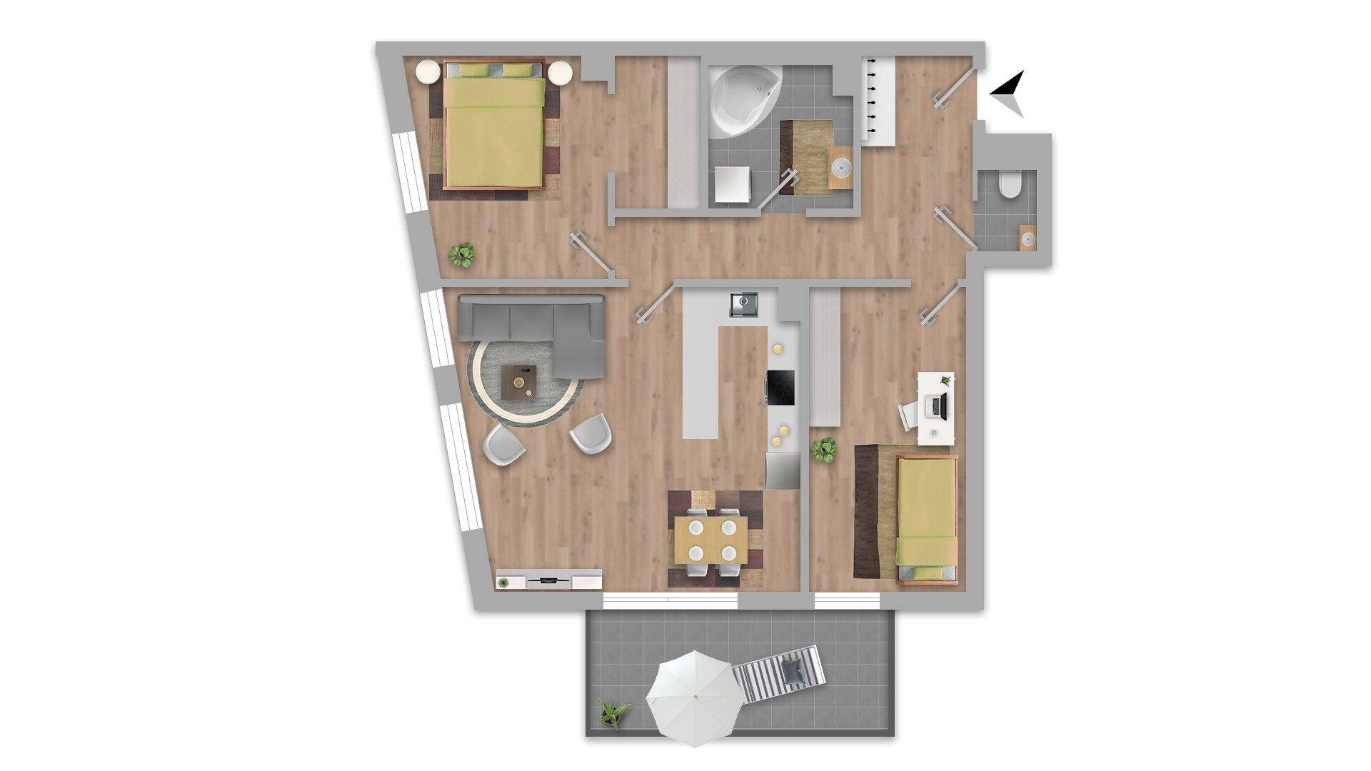 Detaillierter Grundriss einer Wohnung mit zwei Schlafzimmern, offenem Wohnbereich und Balkon.