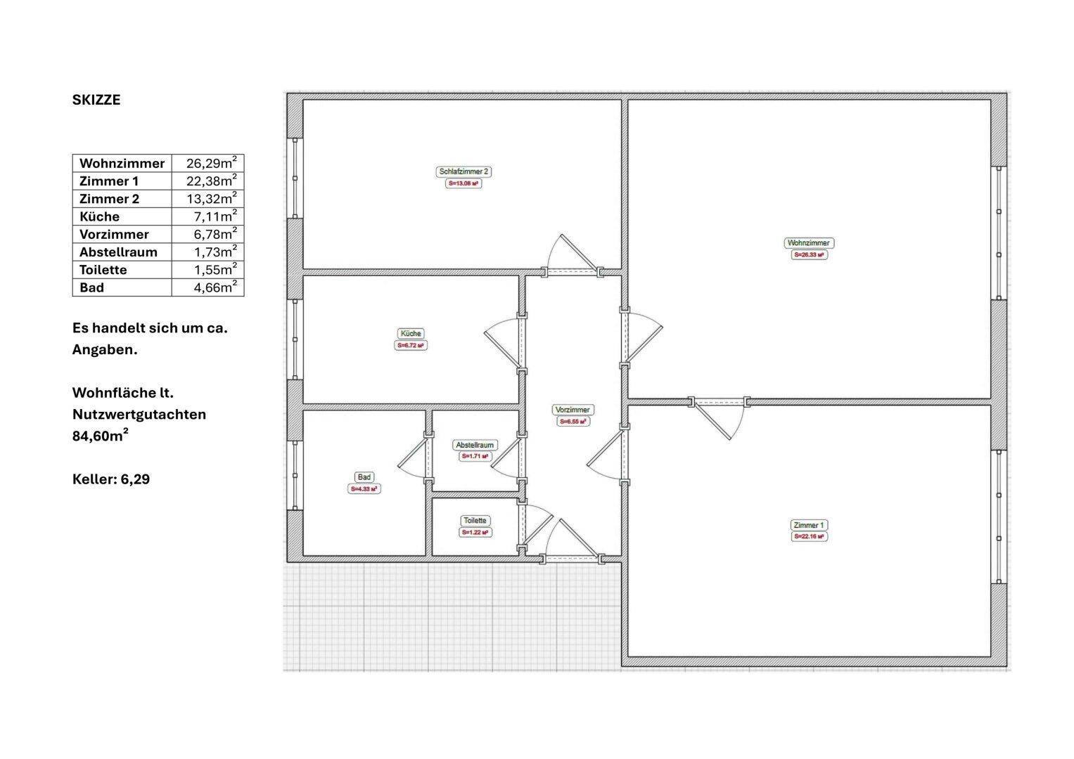 Grundriss der Wohnung mit mehreren Zimmern, Bad, WC und Abstellraum.