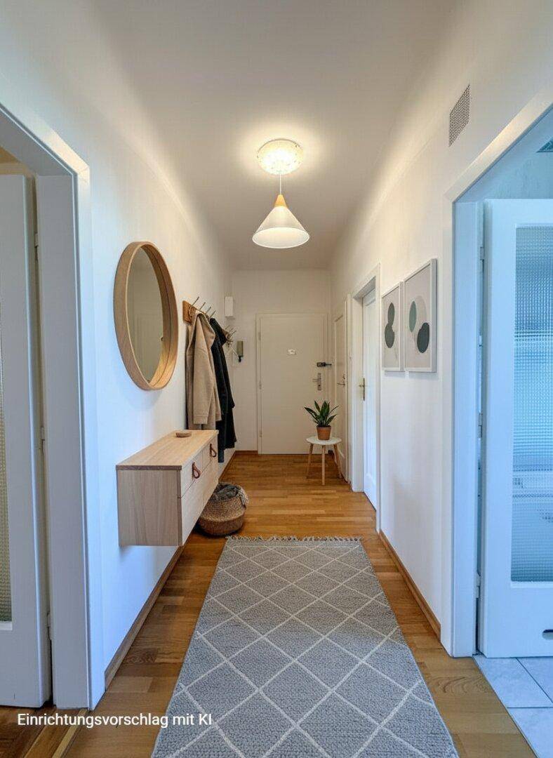 Modern eingerichteter Flur mit Parkettboden, Spiegel und Garderobe, als Einrichtungsvorschlag.