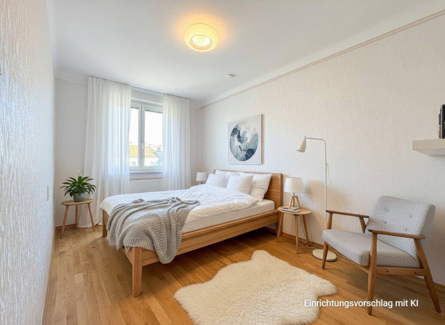 Modern eingerichtetes Schlafzimmer mit Parkettboden, hellem Bett und gemütlicher Atmosphäre als Einrichtungsvorschlag.