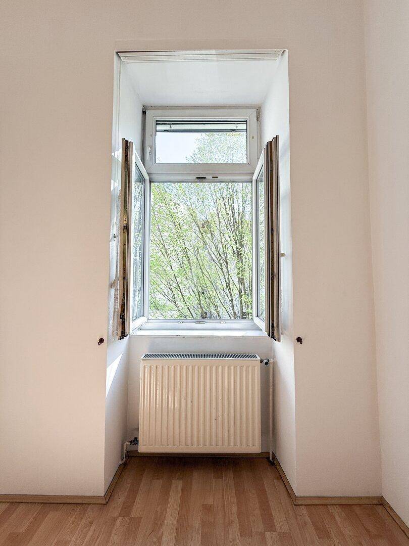 Fenster in einer tiefen Nische mit Heizkörper darunter und Blick auf grüne Bäume.