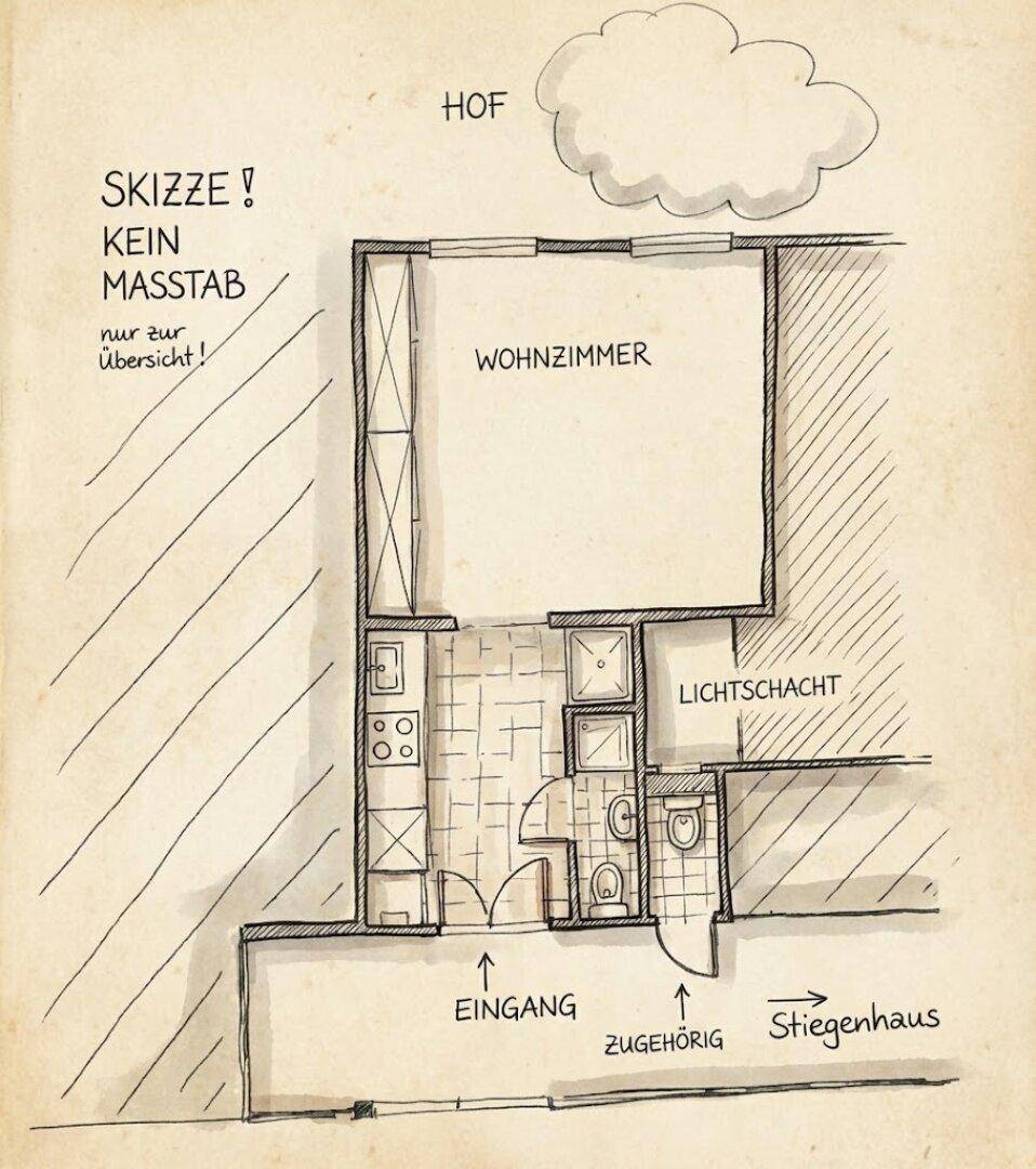Handgezeichneter Grundriss einer Wohnung mit Wohnzimmer, Eingang und Lichtschacht.