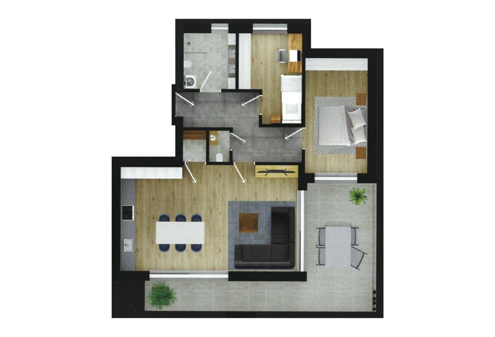 Detaillierter Grundriss einer Wohnung mit offenem Wohnbereich, Schlafzimmer und Terrasse.