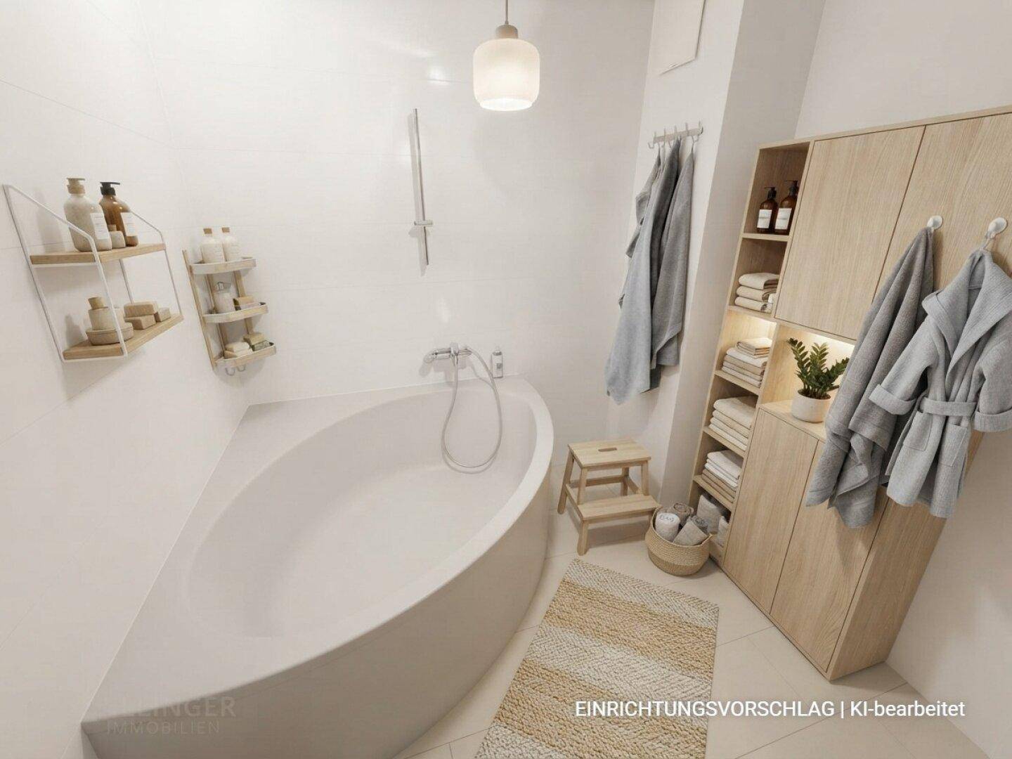 Modernes Badezimmer mit Eckbadewanne, Duschfunktion und stilvollen Holzmöbeln für Stauraum.