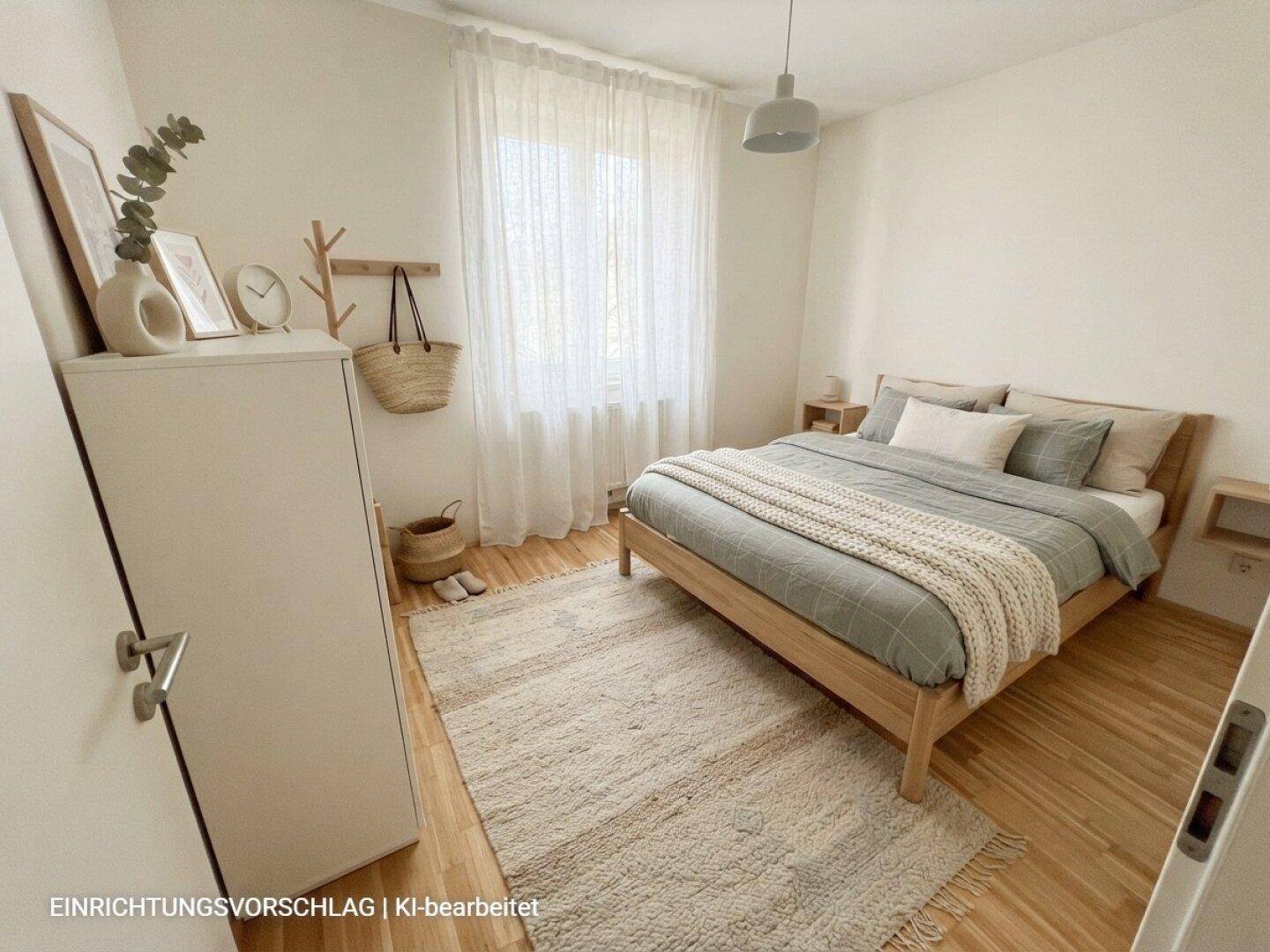 Modern eingerichtetes Schlafzimmer mit Holzbett, Teppich und hellem Fenster für Tageslicht.