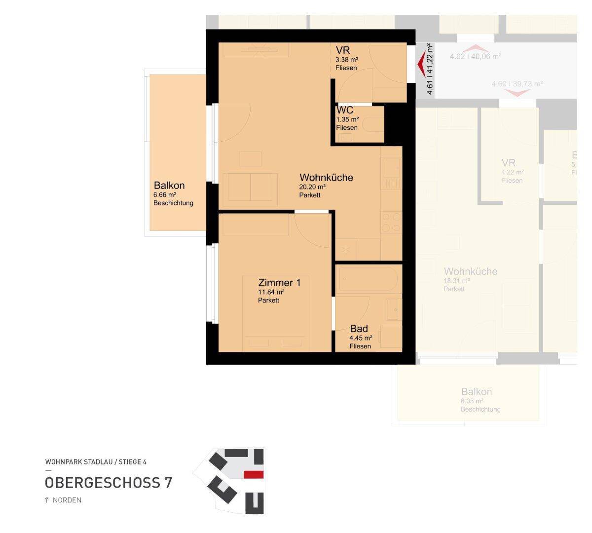Grundriss einer Wohnung mit Wohnküche, Zimmer, Bad, WC und Balkon im Obergeschoss.