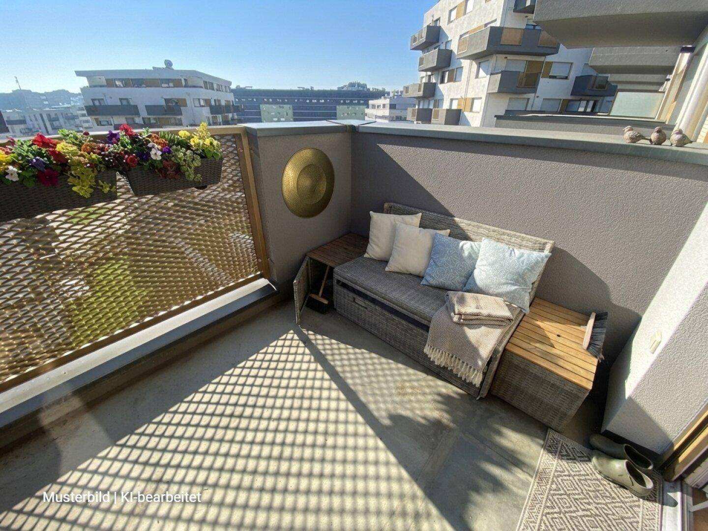 Möblierter Balkon mit Sitzgelegenheiten und Blick auf die Umgebung.