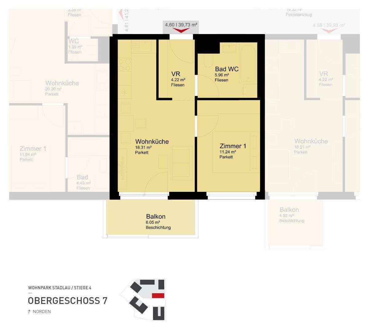 Grundriss einer Wohnung im Obergeschoss mit Wohnküche, Zimmer und Balkon.