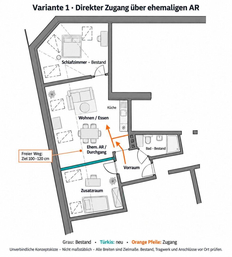 Digitaler Grundriss einer Wohnung mit Schlafzimmer, Wohn-Essbereich und Bad.