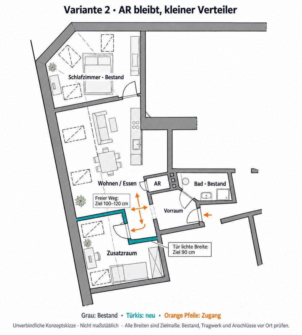 Zweite Variante des Grundrisses mit Schlafzimmer, Wohn-Essbereich und separatem Abstellraum.