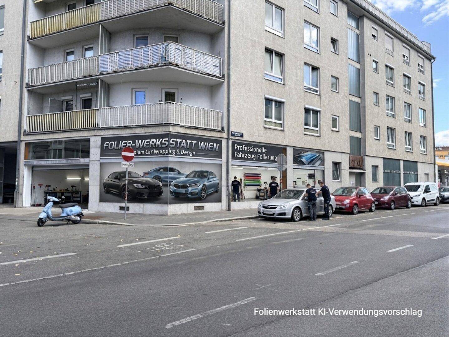 Gebäudeansicht mit Schaufenstern, die eine Folierwerkstatt für Autos visualisieren, und parkenden Fahrzeugen.