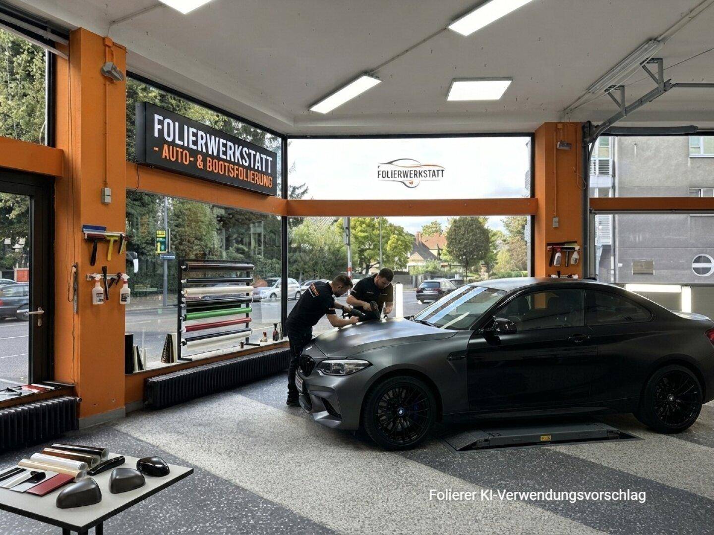 Innenansicht eines Verkaufsraums mit Schaufenstern, die eine Folierwerkstatt für Autos visualisieren.