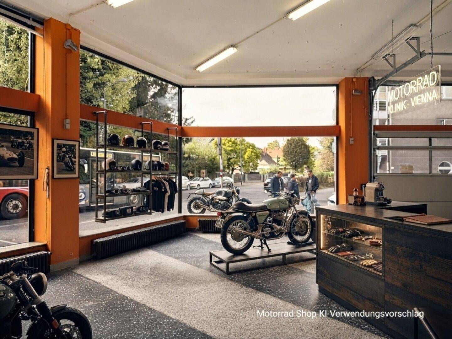 Innenansicht eines Verkaufsraums mit Schaufenstern, die einen Motorradladen visualisieren, und moderner Einrichtung.