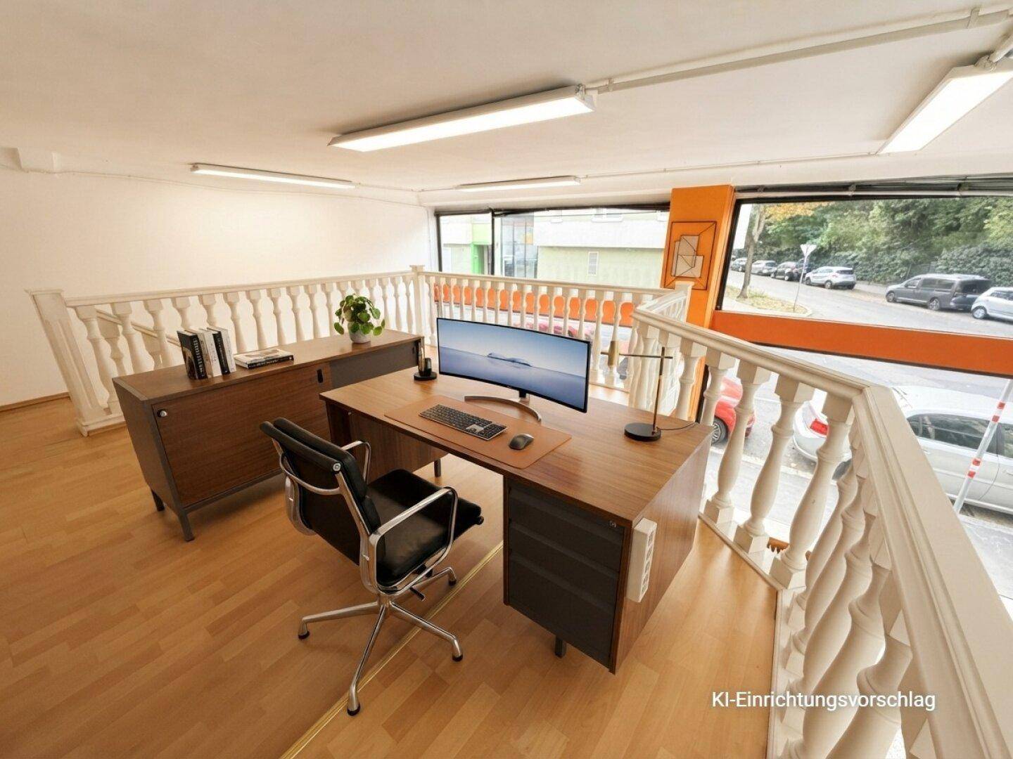 Empore mit Holzboden und modernen Büromöbeln, visualisiert als funktionaler Arbeitsbereich.