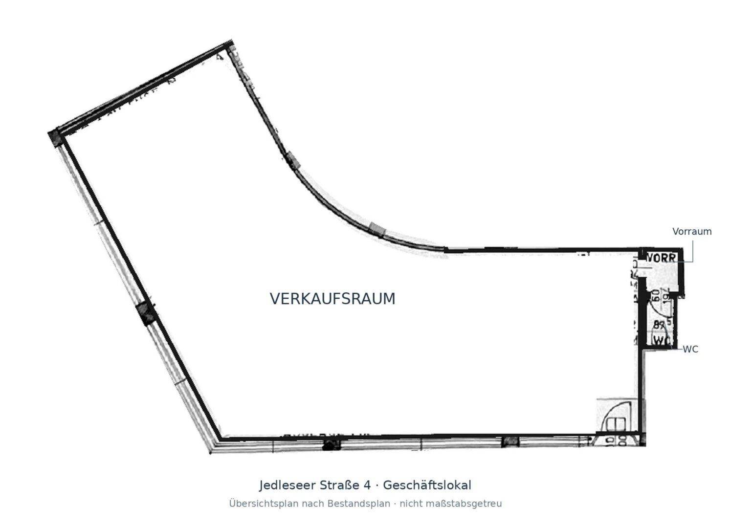 Grundriss des Geschäftslokals mit Verkaufsraum, Vorraum und WC-Bereich.