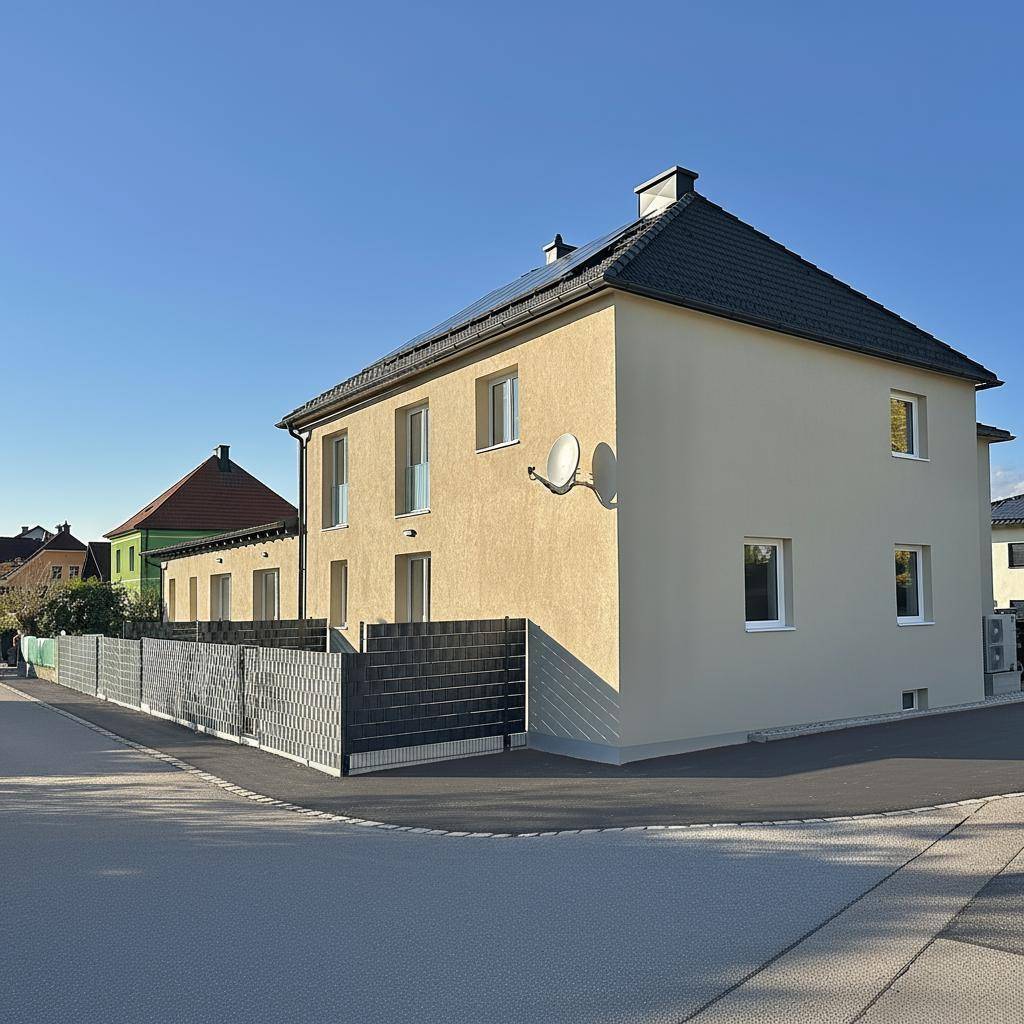 Modernes Einfamilienhaus an einer Ecke mit Photovoltaikanlage auf dem Satteldach und heller Fassade.