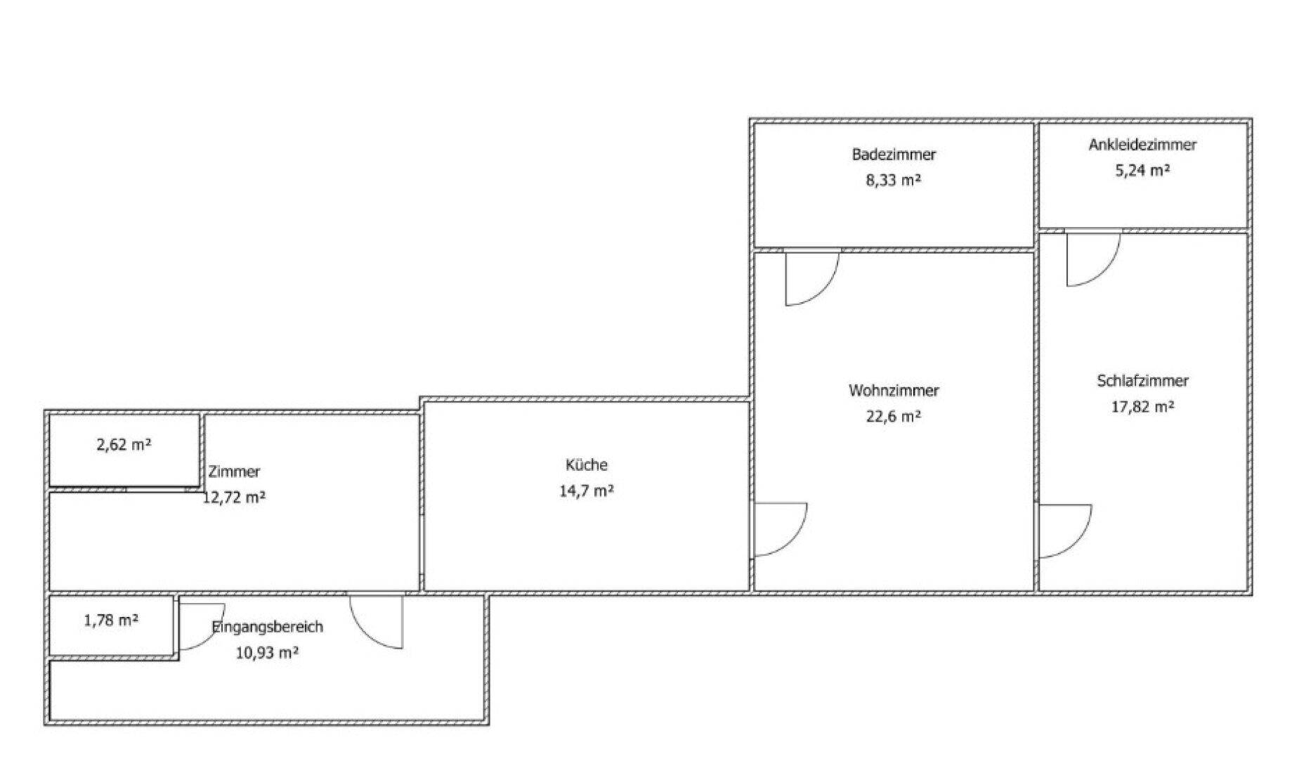 Grundriss einer Wohnung mit mehreren Zimmern, Bad, Ankleidezimmer und Küche.