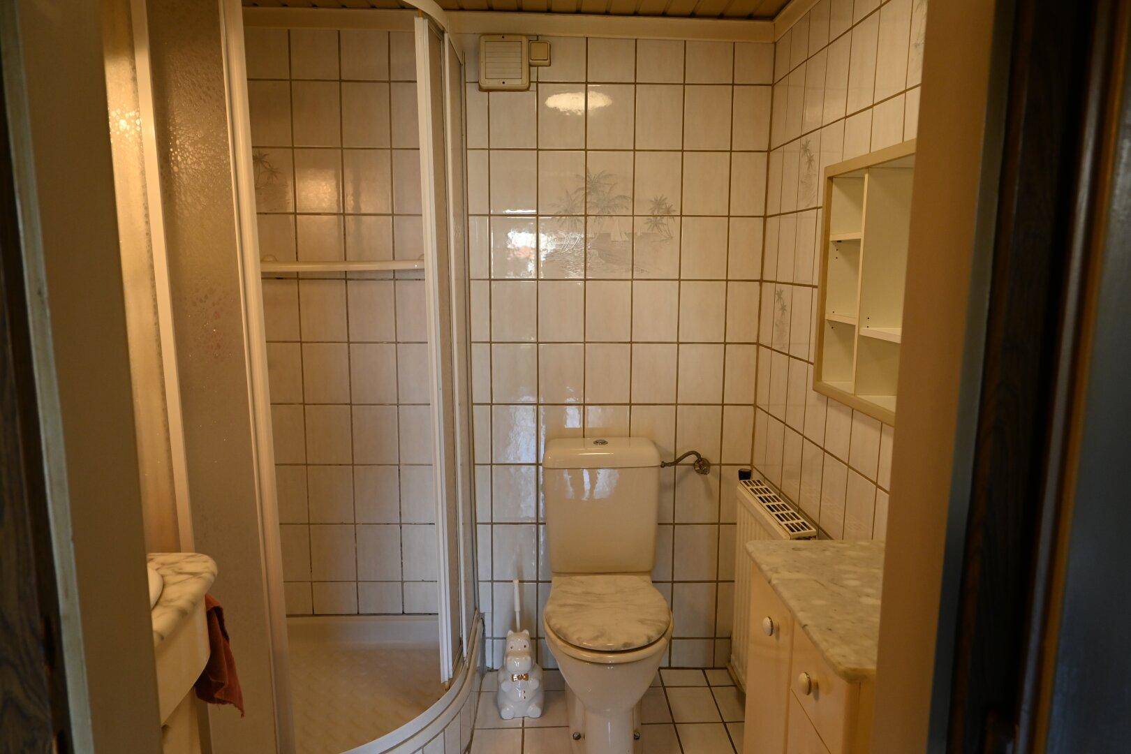 Badezimmer mit Duschkabine, WC und Fliesen an Wänden und Boden.