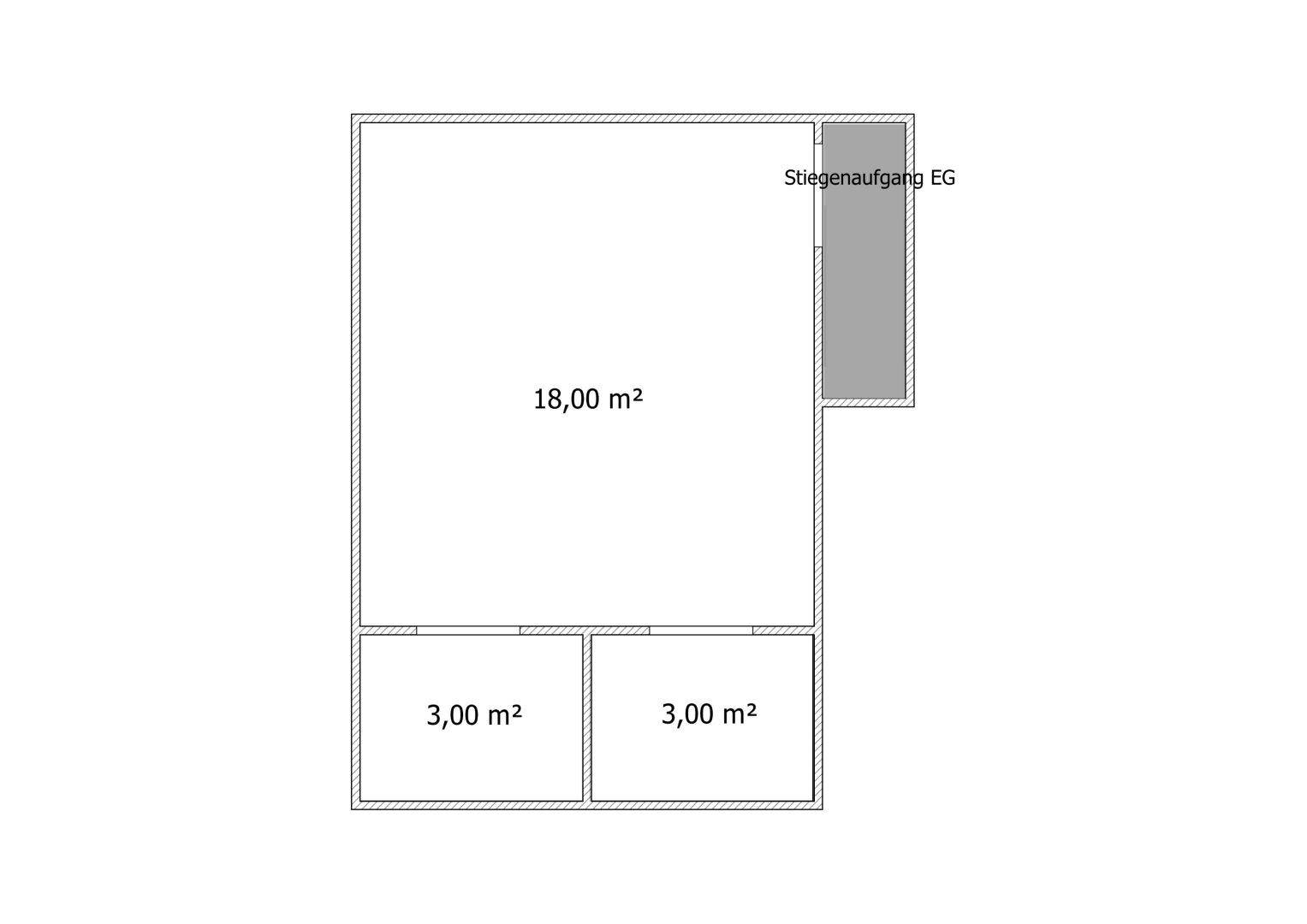 Grundriss des Kellergeschosses mit drei Räumen und Treppenaufgang.