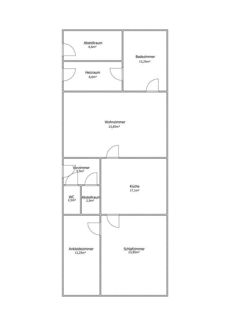 Grundrissplan einer Wohnung mit Wohnzimmer, Küche, Schlafzimmer und Bad.